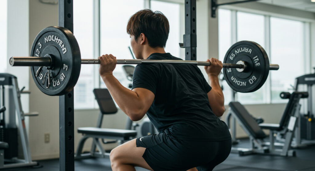 バーベルを僧帽筋に乗せる男性