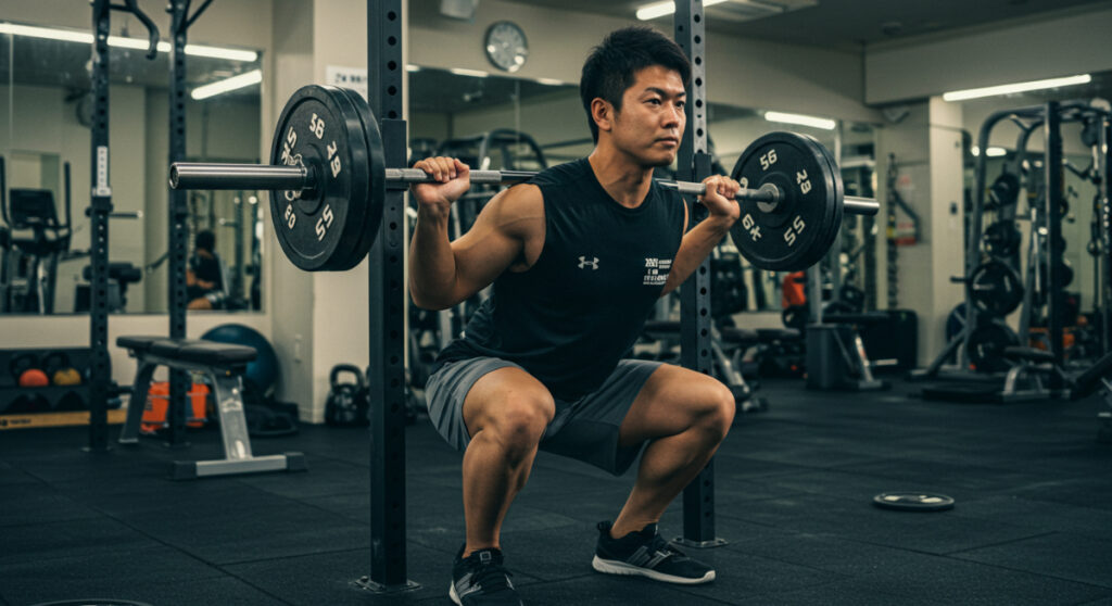 バーベルスクワットを行う男性。