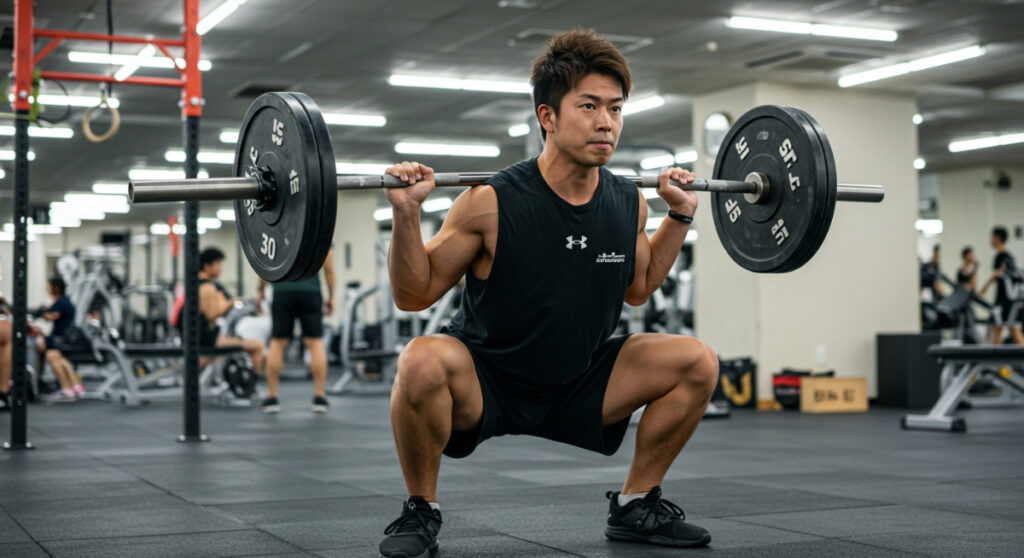 バーベルワイドスクワットを行う男性。