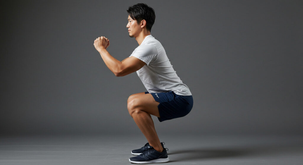 正しいフォームでスクワットを行う男性