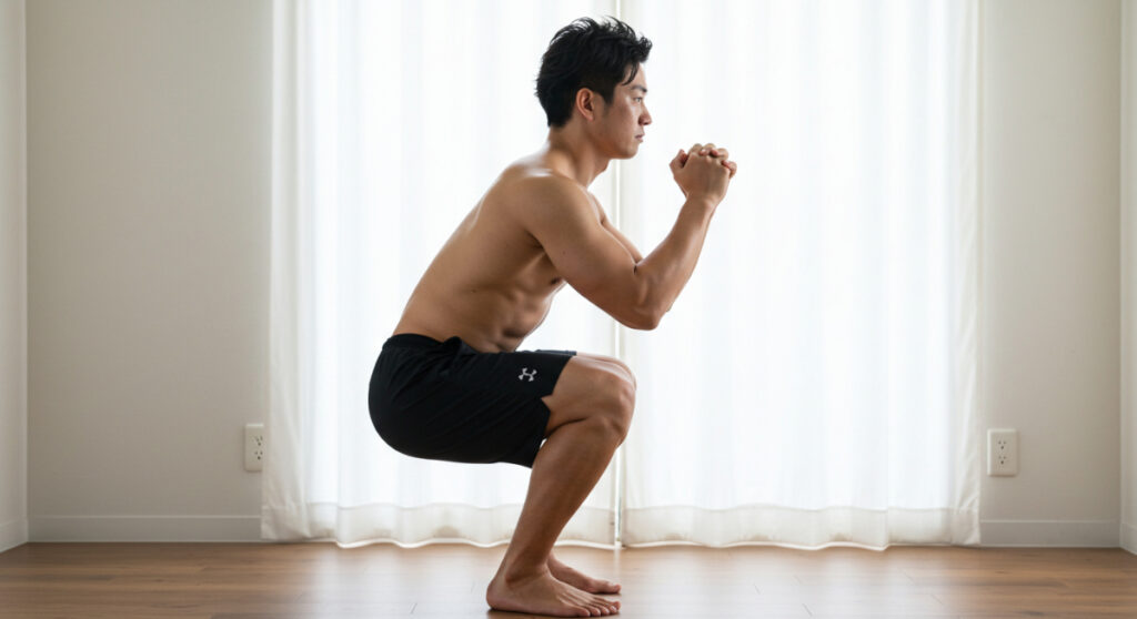 正しいフォームでスクワットを行う男性
